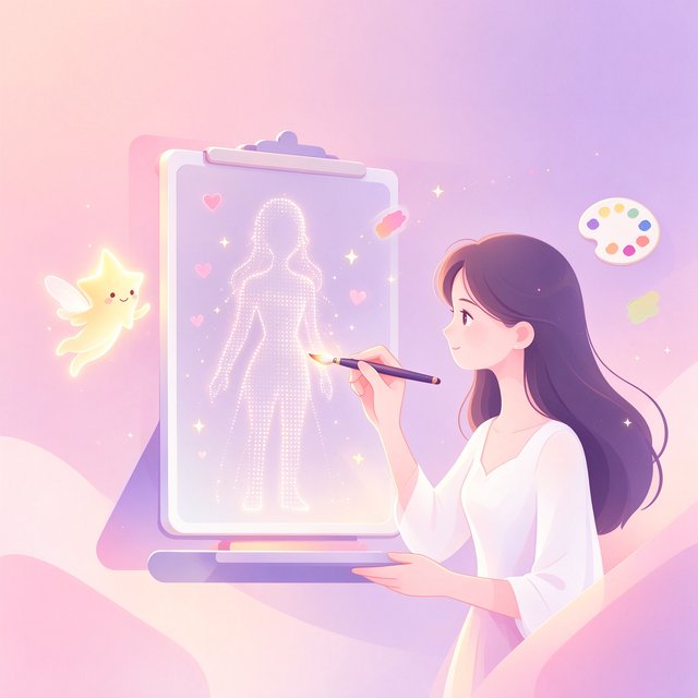 AI聊天软件人设定制插画：长发少女用魔法画笔描绘由光点构成的专属人设